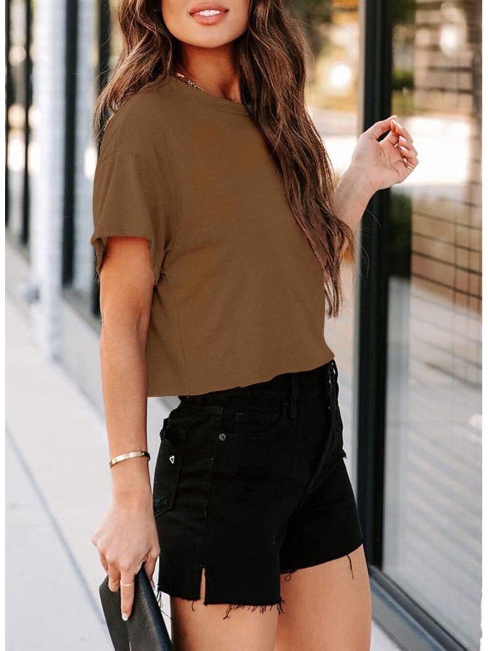〽️Women's Brown Short Sleeve Crew Neck Loose Casual Drop Shoulder Crop Tops